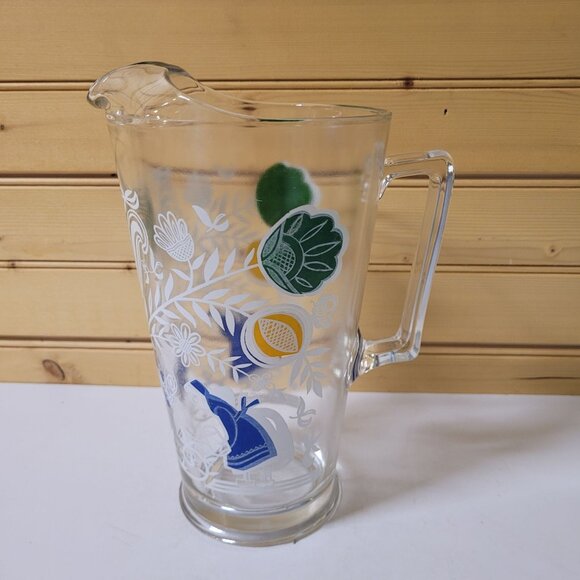 Pitcher Painted Dutch Girl  9' Clear Glass Heavy Water Flower Garden 1950 MCM - Picture 1 of 6